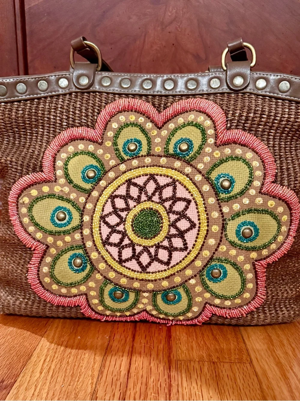 Isabella Fiore Brown Woven Shoulder Bag Beaded Mandala Pink & Green
